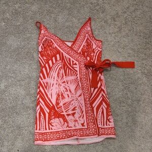 Red and Pink Printed Wrap Dress